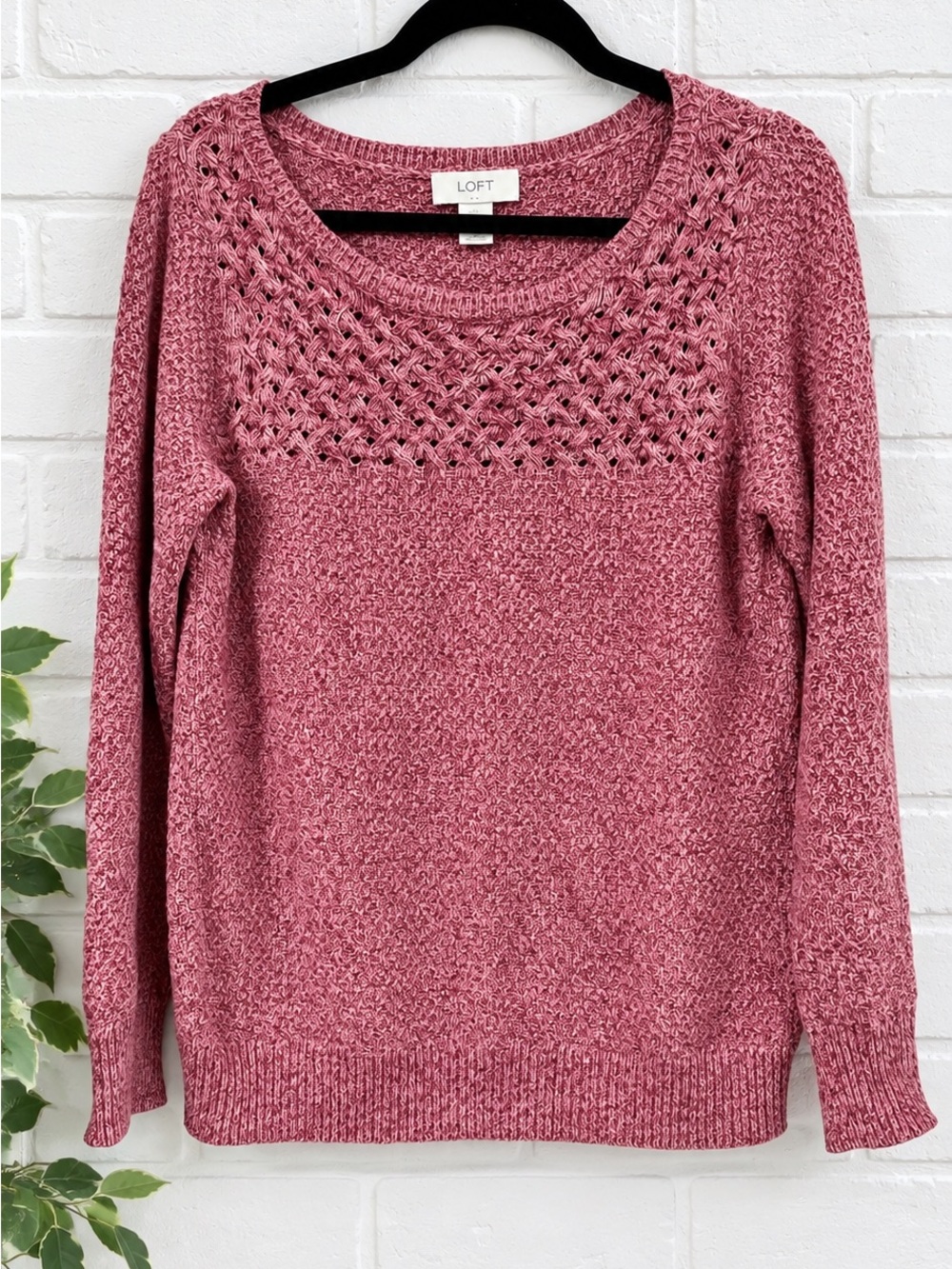 LOFT Pink Marled Open Knit Sweater Crochet Detail Long Sleeve